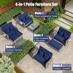 Tangkula Patio Rattan Daybed with 4-Level Adjustable Backrest, Outdoor PE Wicker Loveseat with Storage Ottoman & Folding Side Table, Double Sunbed for Balcony, Backyard & Poolside, Navy & Grey
