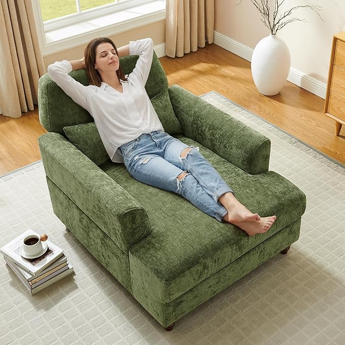 Chaise Lounge Chair Indoor with Adjustable Backrest, Upholstered Mid-Century Reading Chair, Oversized Accent Armchair for Living Room & Bedroom, Comfy Single Sofa Chair, Modern Living Room Chair