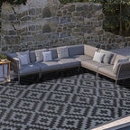 SAND MINE Waterproof Outdoor Rug 9x18 ft, Plastic Reversible Rug, Modern Area Rug, Large Floor Mat for Outdoors, RV, Patio, Backyard, Deck, Picnic, Beach, Camping, Black Grey Lattice