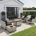 10-Piece Outdoor Patio Furniture Set with Rocking Swivel Chair, PE Wicker Rattan Sectional Sofa Patio Conversation Set with 55,000 BTU Fire Pit Table & Coffee Table, Dark Grey