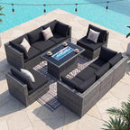 NICESOUL 9 Piece Outdoor Patio Sectional Furniture Set with Firepit Table Natural Gas/Propane, 29.3 High Back Comfy Conversations for Outside, 8 Seats Large Rattan Couch, 2 Color Cushion Black &Grey