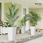 Outsunny 22.8 Inch Tall Planters for Outdoor Plants, Set of 3 Plastic Flower Pots with Stone Finish and Wheels, Stackable Tapered Planters with Drainage Hole for Indoor Plants, Front Porch, White