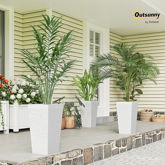 Outsunny 22.8 Inch Tall Planters for Outdoor Plants, Set of 3 Plastic Flower Pots with Stone Finish and Wheels, Stackable Tapered Planters with Drainage Hole for Indoor Plants, Front Porch, White