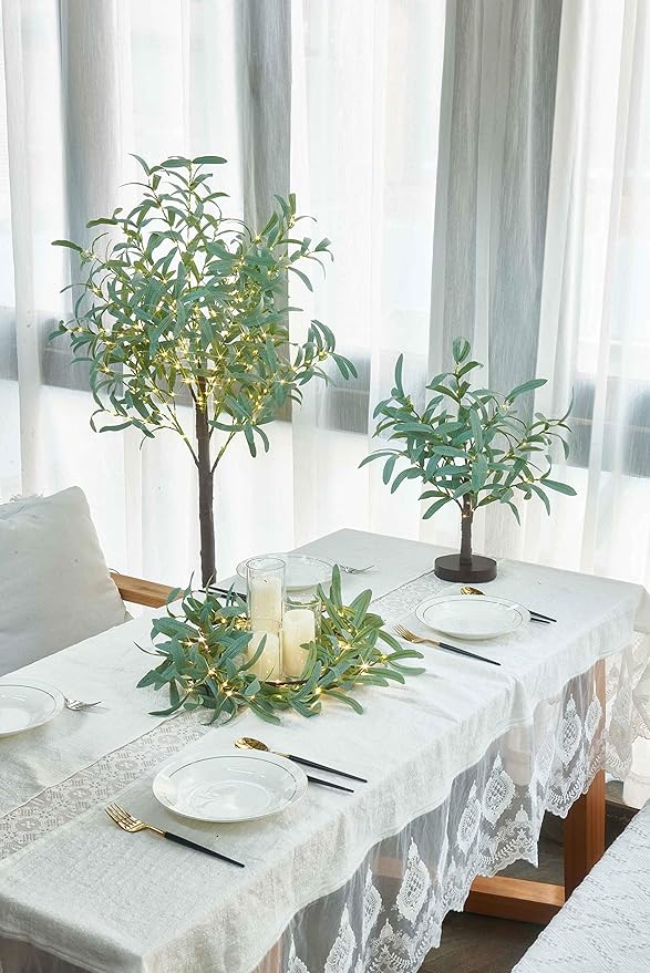 Artificial Olive Branches with 72 Warm White LED Fairy Lights, 24 Inch