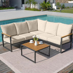 Metal Patio Furniture Set, 6 Pieces Outdoor Sectional Sofa Set with Side Table, L Shape Patio Conversation Set with Faux-Wood Tabletop, Outdoor Couch for Balcony, Porch, Backyard,Beige
