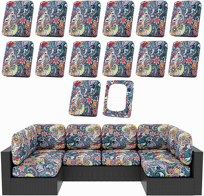 Patio Cushion Covers 14 Piece Stretch Set, Non-Slip Paisley Print
