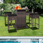 Tangkula 5 Piece Outdoor Rattan Bar Set, Patio Bar Furniture with 4 Cushions Stools and Smooth Top Table with Hidden Storage Shelf, Outdoor Conversation Set for Poolside, Backyard, Lawn