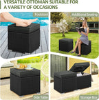 Yaheetech Wicker Ottomans, Set of 2 Patio PE Rattan Side Tables with Hidden Storage & Removable Cushion, Outdoor/Indoor Footstools, Additional Seating for Garden/Balcony/Yard, Black/Gray