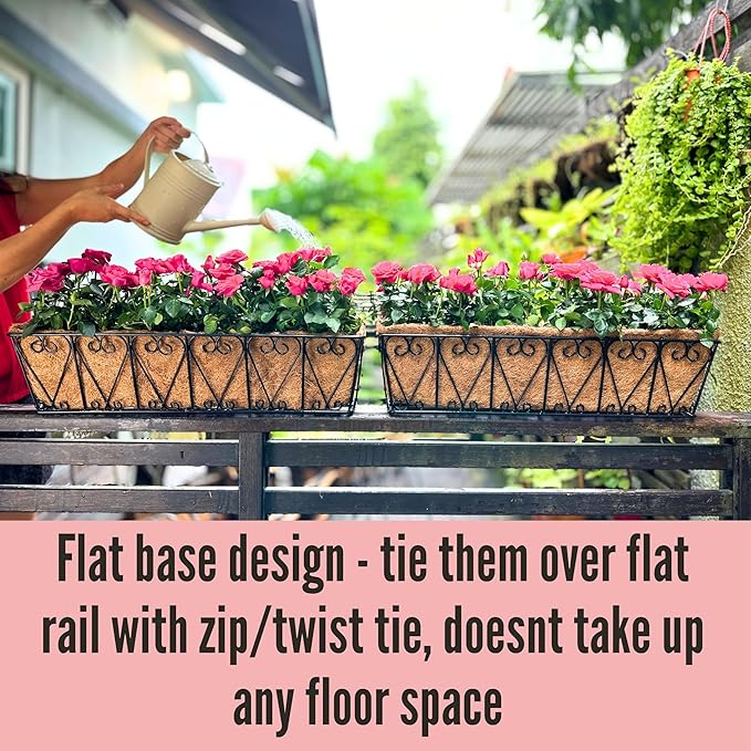 LaLaGreen Large Rail Planters - 2 Pack, 24 Inch Wall Hanging Basket with Coco Liner Deck Railing Hanging Window Flower Box Outdoor Black Metal Trough Plant Holder Fence Balcony Patio Porch Garden