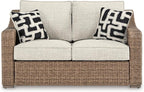 Signature Design by Ashley Beachcroft Casual Nuvella Weather Resistant Fabric, Resin Wicker Outdoor Loveseat with Cushion and 2 Accent Pillows, Dark Brown & Beige