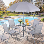 Vongrasig 6 Pieces Folding Patio Dining Set, All Weather Small Metal Outdoor Table and Chair Set, Garden Patio Furniture Set w/Umbrella, Glass Table & 4 Folding Chairs for Lawn, Backyard, Silver