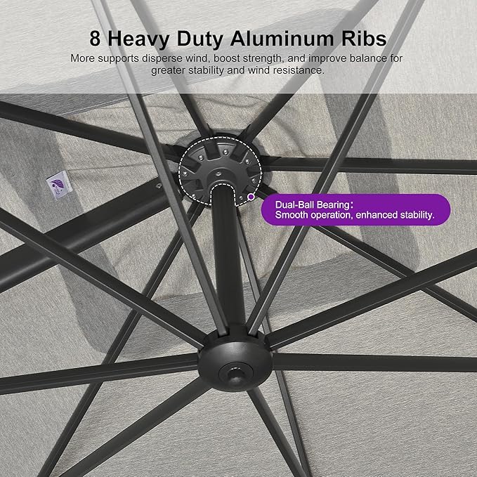 PURPLE LEAF Patio Umbrella 10' X 10' Rectangle Cantilever Umbrella Large Aluminum Outdoor Umbrellas with 360-degree Rotation & UPF40+ Premium Fabric for Deck Pool Garden Yard, Pebble Grey