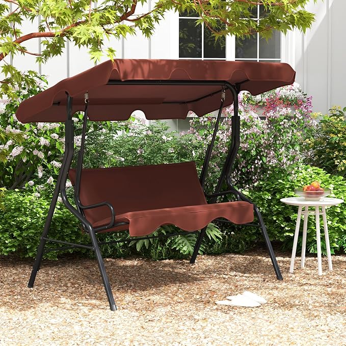 Porch Swing for 3, Brown with Adjustable Canopy and Steel Frame