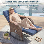 Zero Gravity Patio Rocking Wicker Recliner Chairs Set of 2- Wicker Outdoor Lounge Chair with Adjustable Backrest & Footrest, All Weather Reclining Rocker Chairs with Thick Cushion for Pool Deck Blue