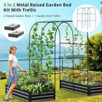 DoCred 3 in 1 Raised Garden Bed with 87in Tall Arch Trellis for Climbing Plants, Galvanized Planter Garden Box Outdoor for Gardening, Climbing Vegetables, Flower, Black