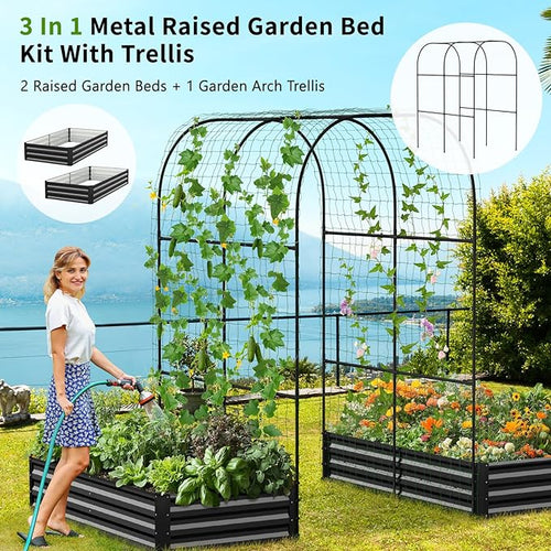 3 in 1 Raised Garden Bed with 87in Tall Arch Trellis – Black