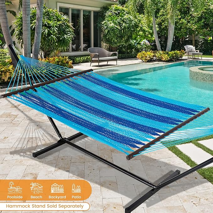 Lazy Daze Hammocks 10.5 FT Double 2 Person Caribbean Rope Hammock, Hand Woven Polyester Hammock with Spreader Bars, for Outside Outdoor Backyard Patio Poolside, 450 LBS Capacity, Blue/SkyBlue