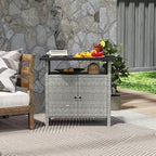 Outsunny Wicker Outdoor Storage Cabinet, Rattan Outdoor Bar Table with 2 Doors and Shelf, Outdoor Buffet Cabinet Sideboard with Metal Slatted Countertop for Poolside, Patio, Backyard, Gray