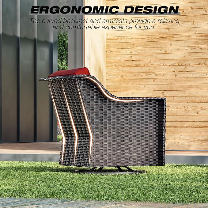 Joyside Wicker Patio Furniture Sets, 6 Pieces Upgraded Large Size Outdoor Furniture with 4 Swivel Rocking Patio Chairs, 3-Seat Sofa, Fire Table,Thick Cushions, Wide Armrest, Red