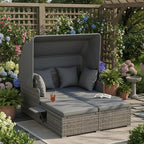 Tangkula Patio Rattan Daybed with Retractable Canopy, Outdoor Wicker Sunbed Lounger with 2 Foldable Side Tables, Thick Seat & Back Cushions, Outside Double Daybed for Garden, Backyard, Porch, Grey