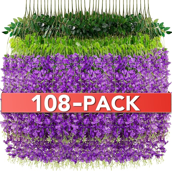 Artificial Flowers Wisteria Vines, 108 Pack, Purple Plastic