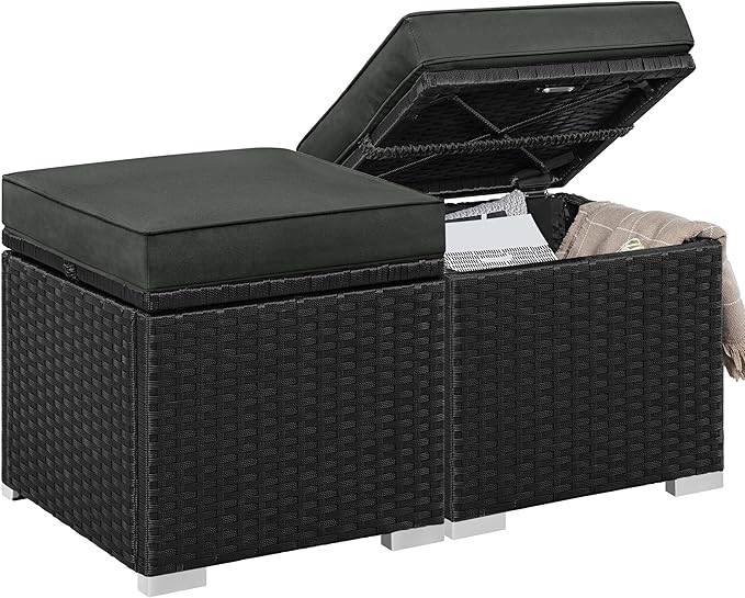 Yaheetech Wicker Ottomans, Set of 2 Patio PE Rattan Side Tables with Hidden Storage & Removable Cushion, Outdoor/Indoor Footstools, Additional Seating for Garden/Balcony/Yard, Black/Gray