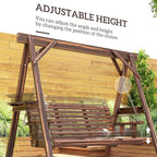 Outsunny 3 Seat Porch Swing with Stand, Wooden Patio Swing Chair with Side Tables and Metal Chains, Outdoor Swing Bench for Garden, Poolside, Backyard, Carbonized Brown