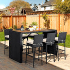 Yaheetech 7 Piece Patio Dining Set Outdoor Acacia Wood Bar Table and Chairs with Removable Cushions, Wicker Furniture Set for Deck, Backyard, Garden, Black/Beige