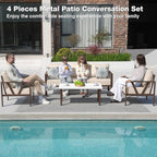 Outdoor Patio Furniture Set, 4 Pieces Metal Patio Furniture Set with Coffee Table, Modern Outdoor Patio Conversation Seating Set with 6” Thick Cushions, Upgrade Beige