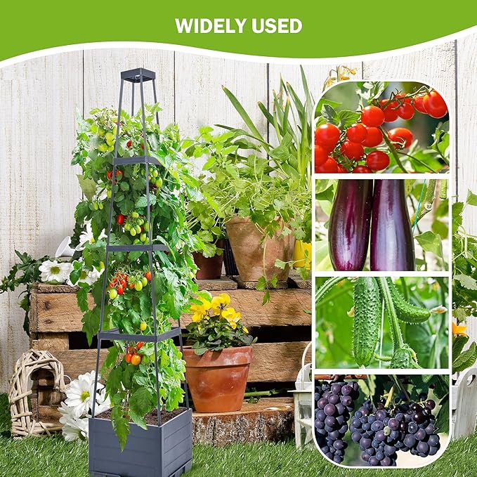 GENMOUS Raised Garden Bed with Tomato Planter Box Trellis, 56'' Tomato Cages for Garden, Tomato Planter Cage for Patio for Climbing Plants Vegetable Vine Flowers Outdoor & Indoor, 4 Pack