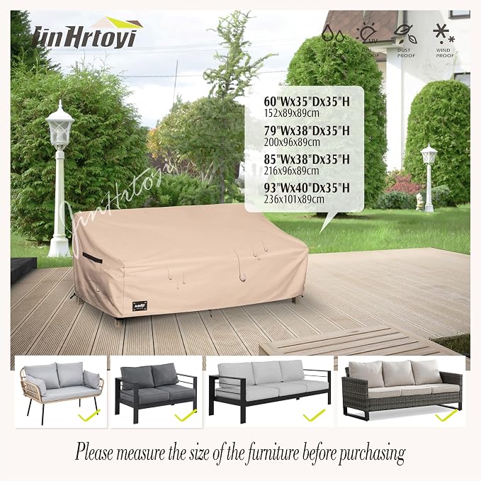 Sofa Cover for 3-Seater Outdoor Couch, Light Brown 600D Oxford Fabric