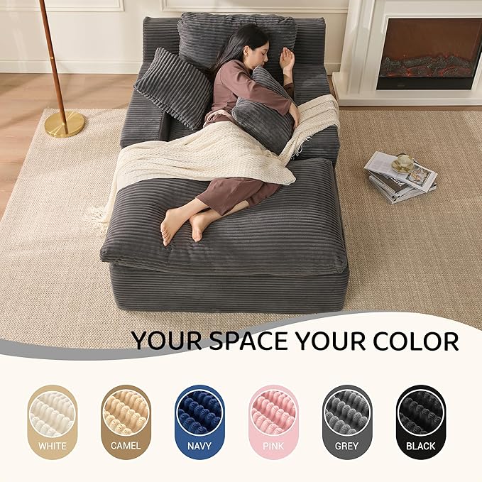 63" Chaise Lounge Chair Indoor, Set of Convertible Sleeper Sofa Couch with Throw Pillows & Side Pockets, Corduroy Upholstered Oversized Sofa Bed with Armrests for Living Room Bedroom, Grey