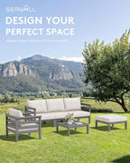 SERWALL HDPE Patio Furniture Set, 4 Pieces Outdoor Sectional Sofa Set, All-Weather Wood-Like Outdoor Sofa Couch with Coffee Table for Deck, Lawn, Grey Frame with Khaki Cushion