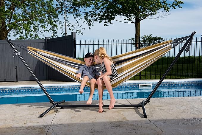 Vivere Double Cotton Hammock with Space Saving Steel Stand, Upgraded Polyester End Strings 450 lb Capacity - Premium Carry Bag Included - (Desert Moon)