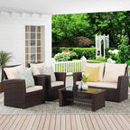 Wisteria Lane 4 Piece Patio Furniture Set, Wicker Outdoor Patio Conversation Furniture Set, All Weather Outdoor Patio Sofa with Cushion and Glass Table, Brown