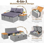 Flamaker Outdoor Rattan Lounge Chair with 2 Side Tables, Multifunctional Outdoor Patio Daybed with Footrest, Cushions, Storage Ottoman,Chaise Lounge Chair for Backyard Porch Poolside(Grey)