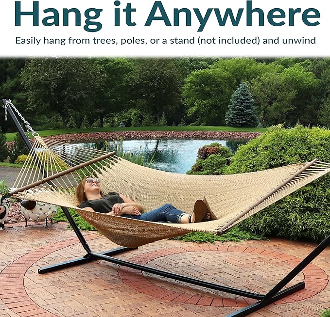 Sunnydaze Soft-Spun Polyester Rope Double Hammock for Outside - 600-Pound Weight Capacity Extra Large Hammock - Tan