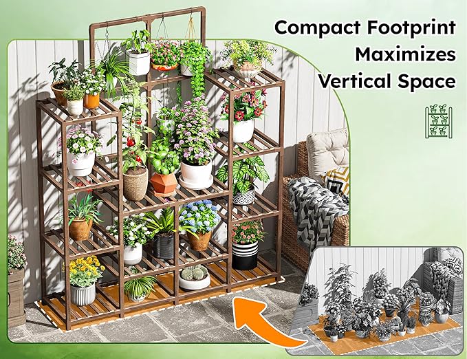 EnHomee Plant Stand Indoor Wood Plant Stand Outdoor Tiered Plant Shelf for Multiple 16-21 Potted Plants for Living Room Patio Balcony Yard Garden 44.9" W x 11.8" D x 62.2" H