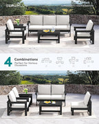 SERWALL HDPE Patio Furniture Set, 7-piece Outdoor Sectional Sofa Set, All Weather Outdoor Couch Set for Deck, Lawn, Black Frame with Khaki Cushion
