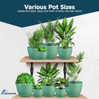 Mint Plant Pots with Drainage Holes & Saucers 15 Pack, Indoor & Outdoor Stackable Space-Saving Planters for Houseplants & Flowers, (7", 6.7", 6", 5.3", and 4.8" Inches), Durable & Weatherproof