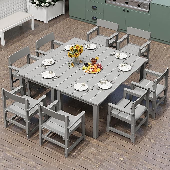 10-Piece HIPS Patio Dining Set for 8 Person Outdoor Dining Sets with Umbrella Hole Tables and Chairs Furniture Set All Weather Proof for Garden, Backyard, Poolside