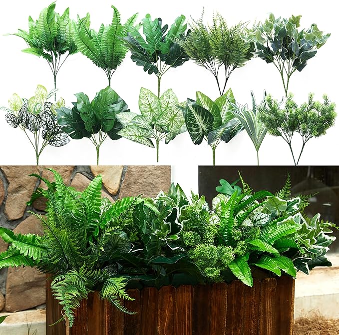 Artificial Greenery Plants, 14 Pieces in 11 Varieties, UV-Resistant Plastic