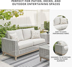 Signature Design by Ashley Seton Creek Cottage Nuvella Weather Resistant Fabric Outdoor Loveseat with Cushion and 2 Throw Pillows, Light Brown & Light Gray