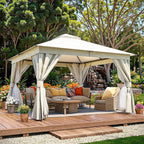 LAUSAINT HOME Semi-Permanent Outdoor Patio Gazebo 12'x12', Heavy Duty Party Tent Shelter with Double Roofs, Mosquito Nettings and Privacy Screens for Backyard, Garden, Lawn, Cream White