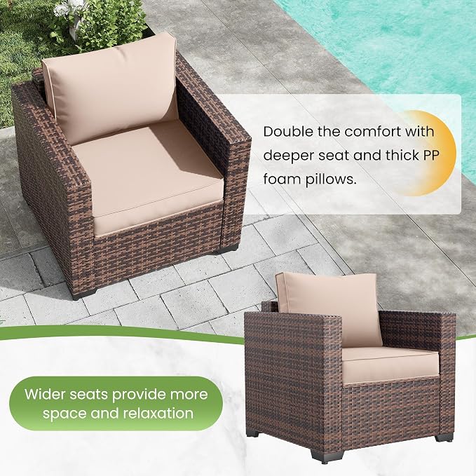 Outdoor Sofa, Khaki PE Rattan Sectional, 2 Pack High Back