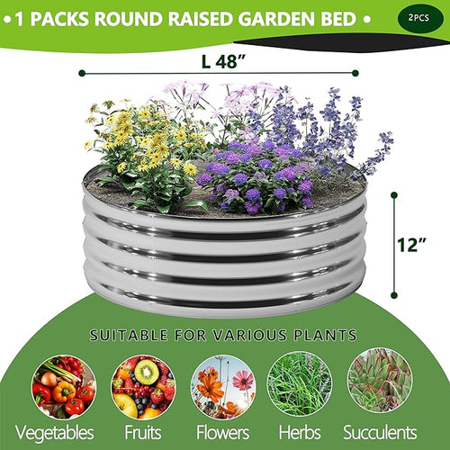 2PCS 4x4x1FT Galvanized Raised Garden Bed Kit,Vegetable Boxes-Round Metal Flower Box,Large Planter Raised Beds Outdoor Garden for Planting,Fruit,Herb-Silver