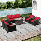 Joyside Wicker Patio Furniture Sets, 6 Pieces Upgraded Large Size Outdoor Furniture with 4 Swivel Rocking Patio Chairs, 3-Seat Sofa, Fire Table,Thick Cushions, Wide Armrest, Red