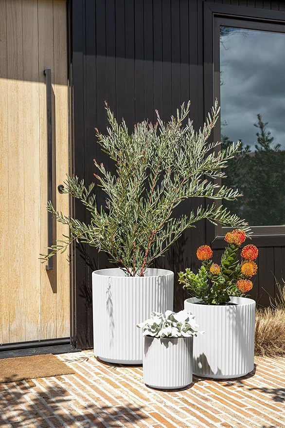 Veradek Demi Series Set of 3 Round Planters for Porch, Patio, Backyard | Durable Plastic-Concrete Material | Modern Décor for Tall Plants, Flower