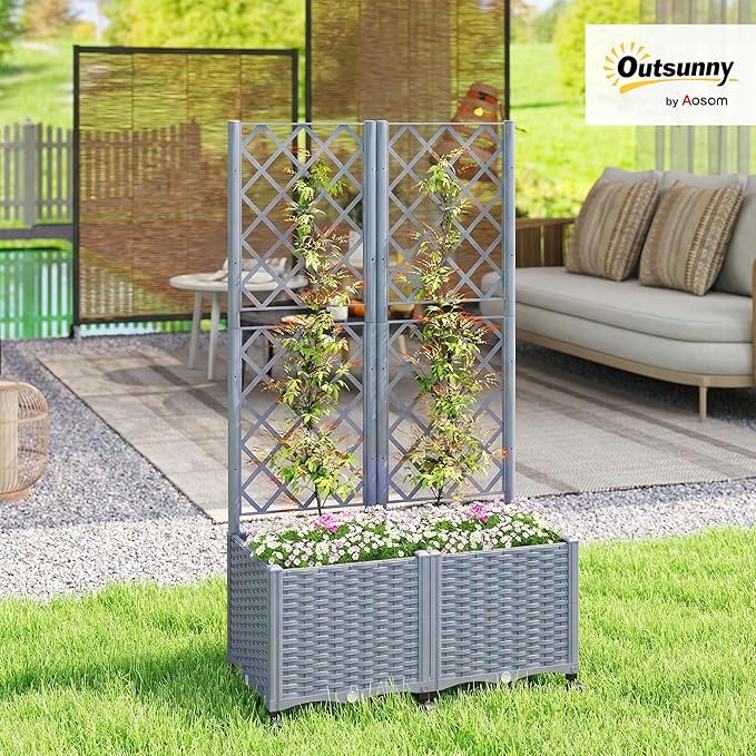 Outsunny Planter Box with Trellis, Self Watering Raised Garden Bed with Lockable Wheels, 56.3" Trellis Privacy Planter with Drainage Holes for Climbing Plants, Vines, Vegetables, Flowers, Gray