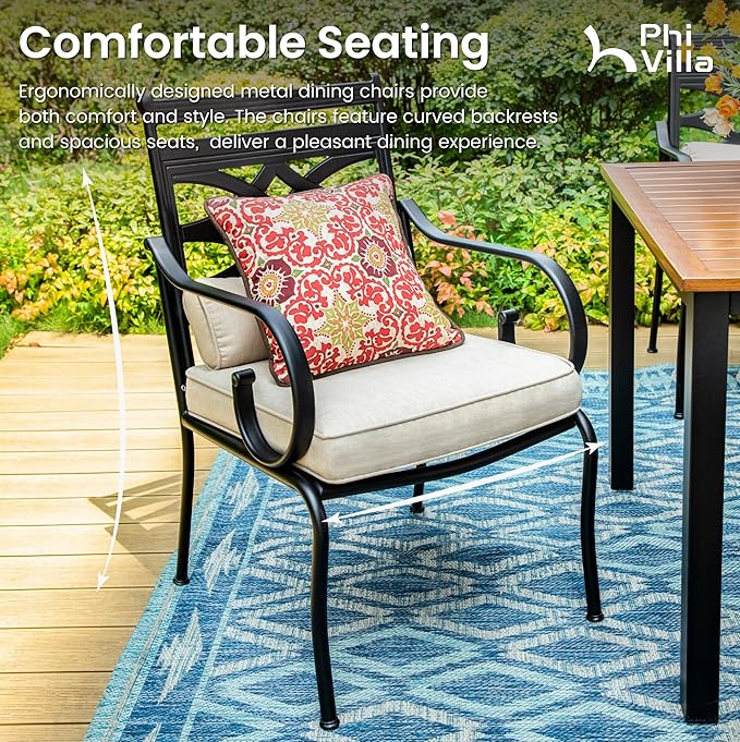 PHI VILLA 5 Pieces Outdoor Dining Set for 4, 42" Round Black Metal Table with Umbrella Hole & Wrought Iron Chairs, Rustproof Large Outside Furniture with Cushions & Pillows for Patio, Deck, Porch
